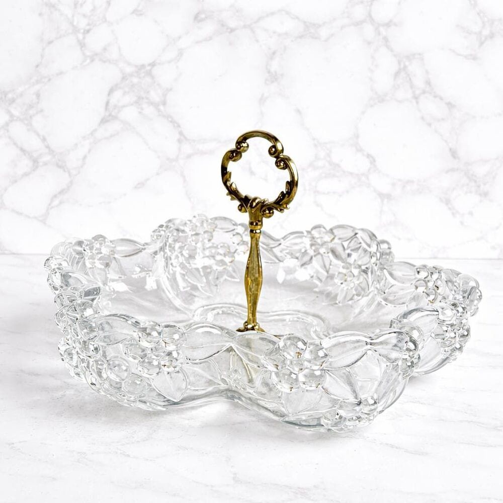 Vintage Satin Glass Floral Serving Dish Ornate Victorian Style Brass Handle